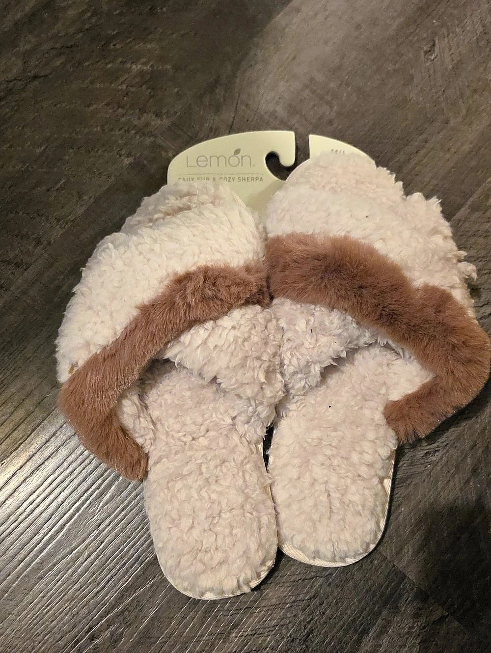 Lemon Faux Fur & Cozy Sherpa Cross Band Slide Slippers Cream & Brown M/L